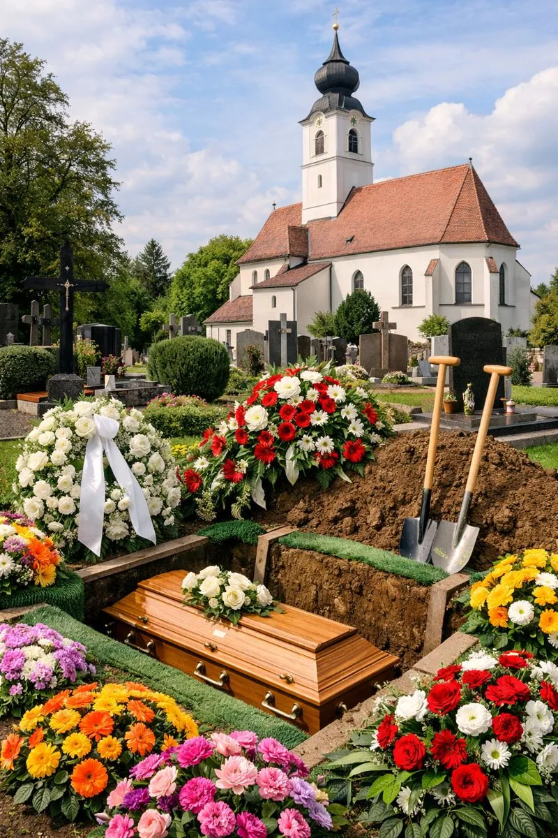 Bestattung Frittum auf einem Friedhof im Weinviertel mit Erdbestattungssarg, bunten Blumen und Kirche im Hintergrund