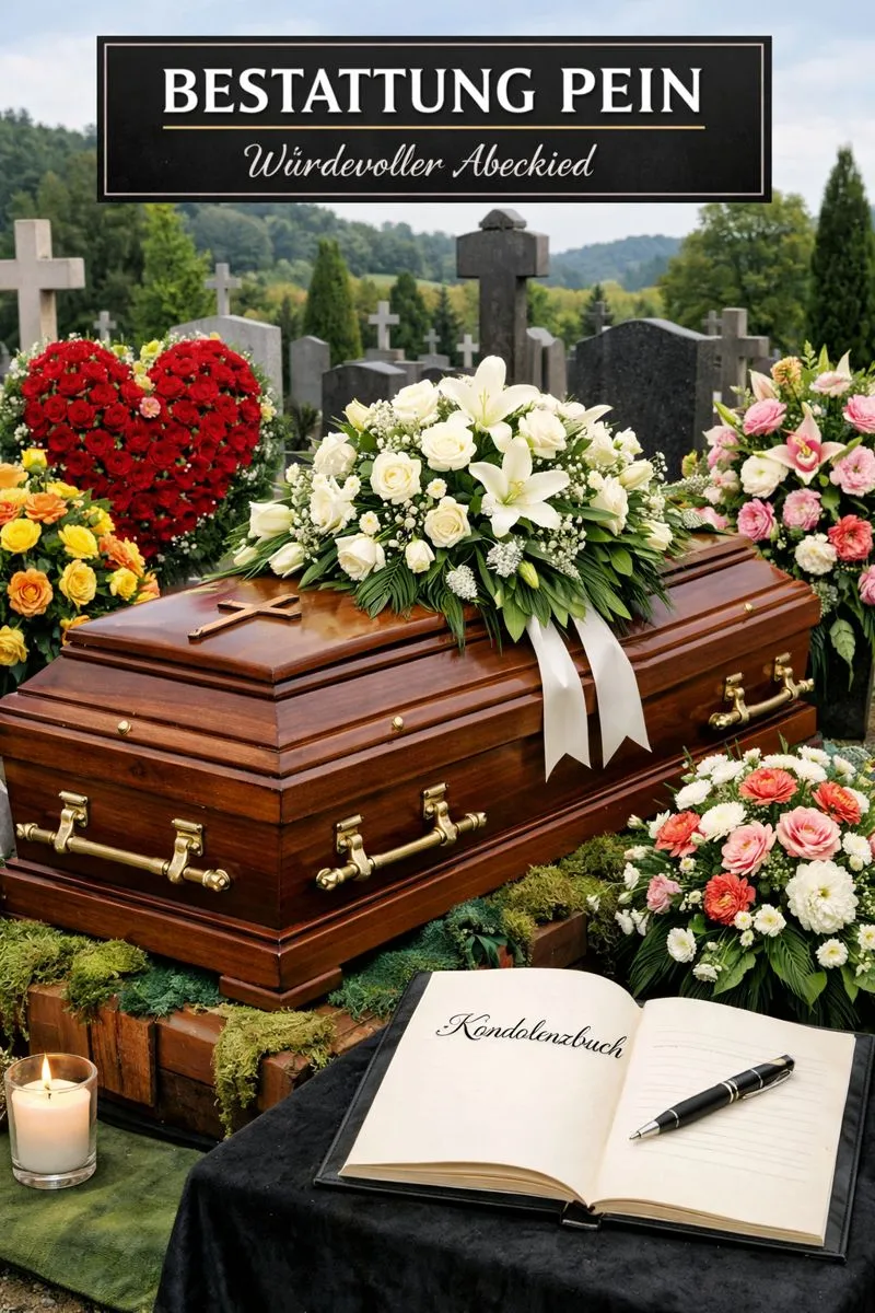 Bestattung Pein mit würdevoller Aufbahrung auf einem Friedhof, Sarg mit buntem Blumenschmuck und Kondolenzbuch
