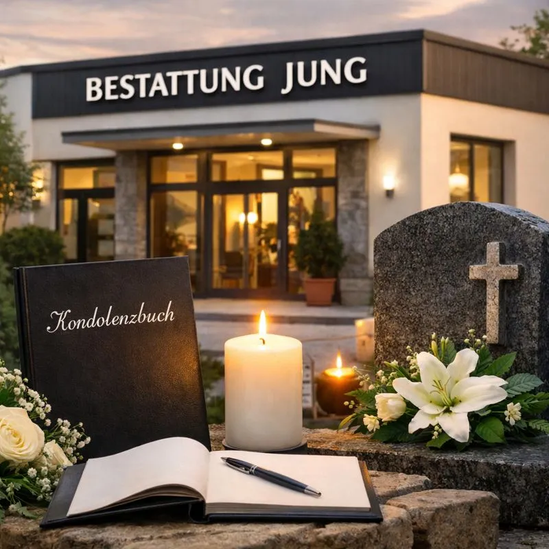 Würdevoller Abschied bei Bestattung Jung in Salzburg mit Grabstein, Kondolenzbuch, Kerze und dem Büro von Bestattung Jung im Hintergrund
