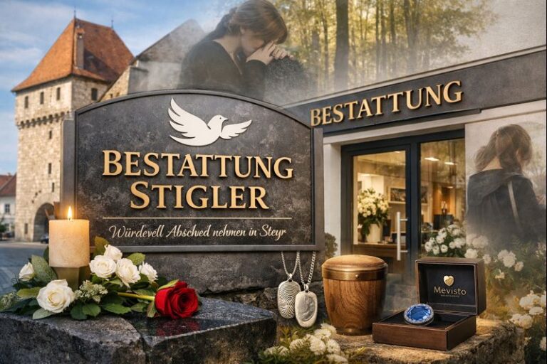 Bestattung Stigler Steyr mit Gedenkkerze, Blumen, Urne und Erinnerungsschmuck vor dem Bestattungsinstitut