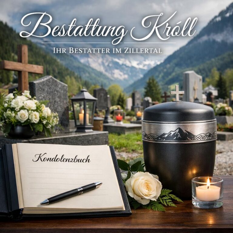 Bestattung Kröll: Einfühlsame Bestattungsdienstleistungen im Herzen des Zillertals 4 Bestattung Kröll in Mayrhofen: Würdevolle Bestattungsszene mit Kondolenzbuch, Urne und Friedhof im Zillertal, Tirol