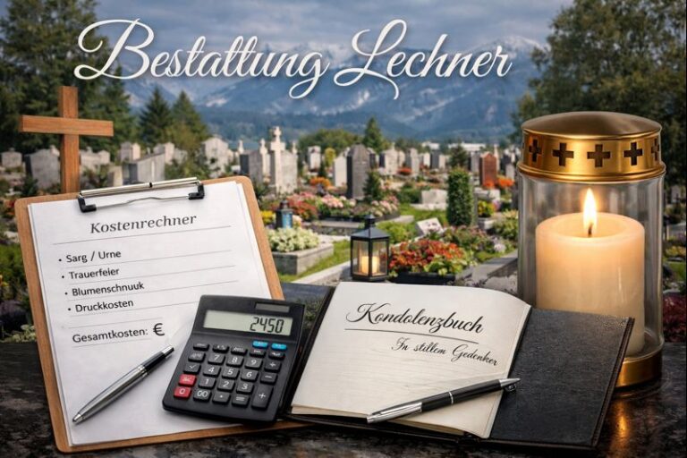 Bestattung Lechner mit Friedhof, Kostenrechner, Kondolenzbuch und Gedenkkerze für eine würdevolle Abschiedsgestaltung