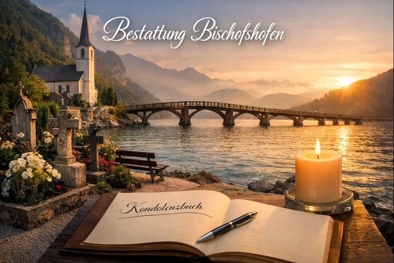 Gedenkbild einer Bestattung Bischofshofen mit Friedhof, brennender Kerze und Kondolenzbuch am See mit Brücke bei Sonnenuntergang