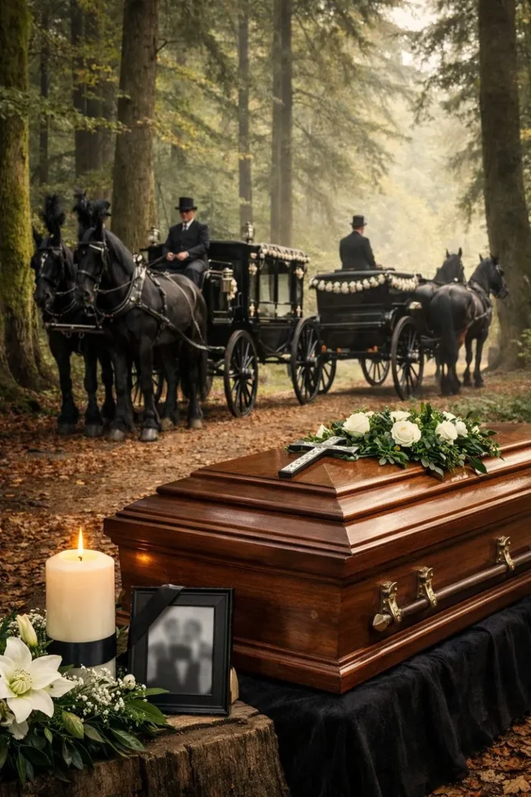 Bestattung Tempora mit Trauerkutschen im Wald, Sarg mit Kerze und Blumen als würdevoller Abschied