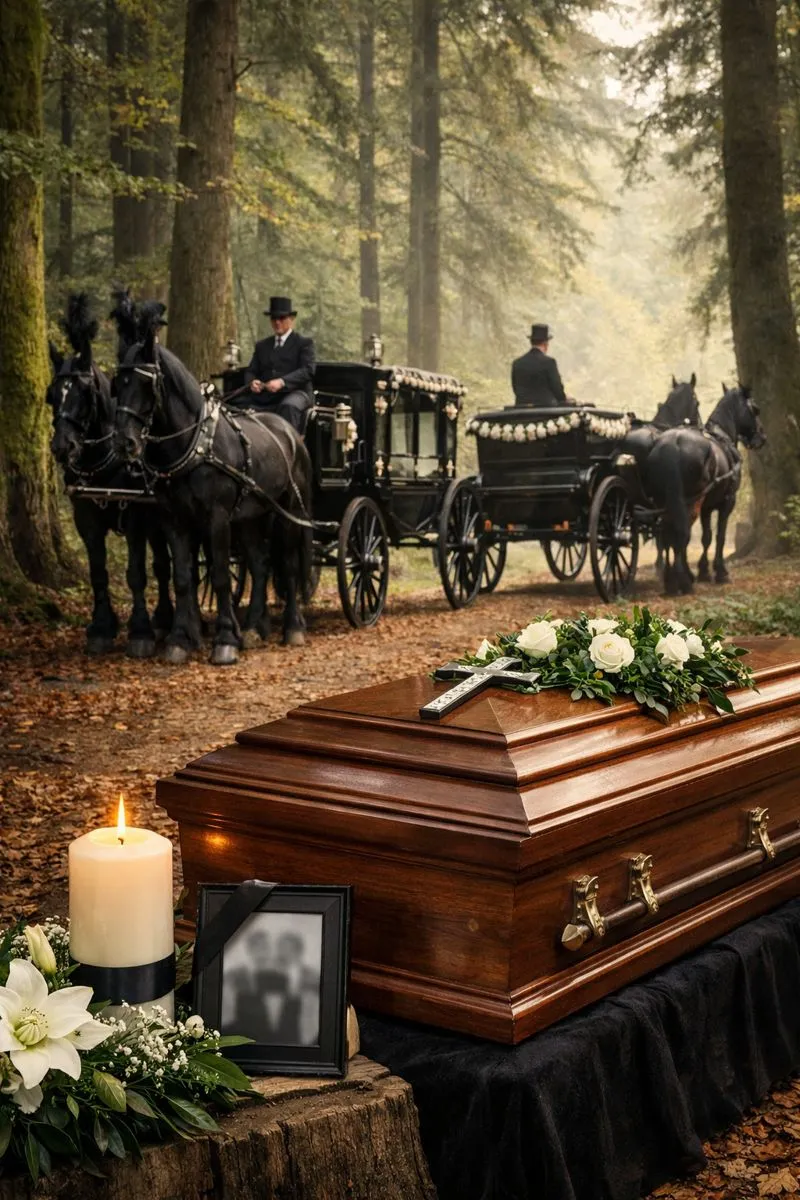 Bestattung Tempora mit Trauerkutschen im Wald, Sarg mit Kerze und Blumen als würdevoller Abschied