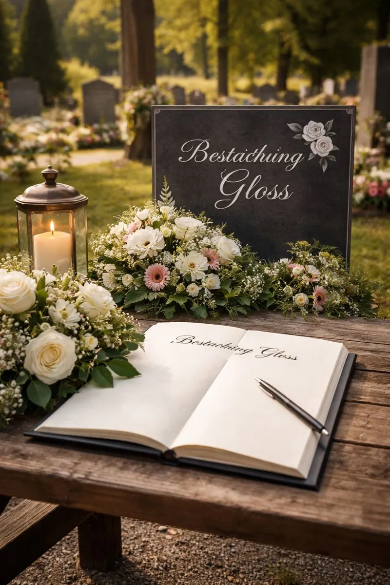 Friedhofsszene mit Kondolenzbuch, Blumen und Kerze bei einer würdevollen Bestattung von Bestattung Gloss in Poysdorf