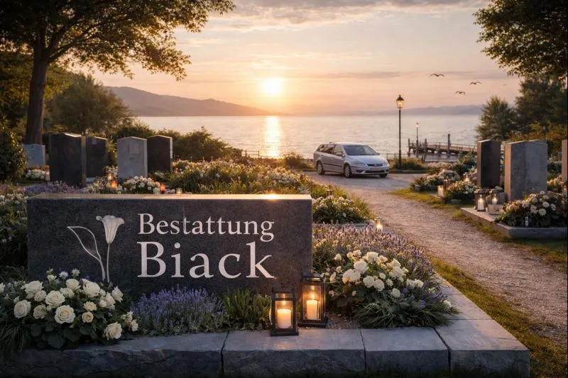 Bestattung Biack Friedhof am Meer bei Sonnenuntergang mit Grabsteinen, Blumen und Kerzen