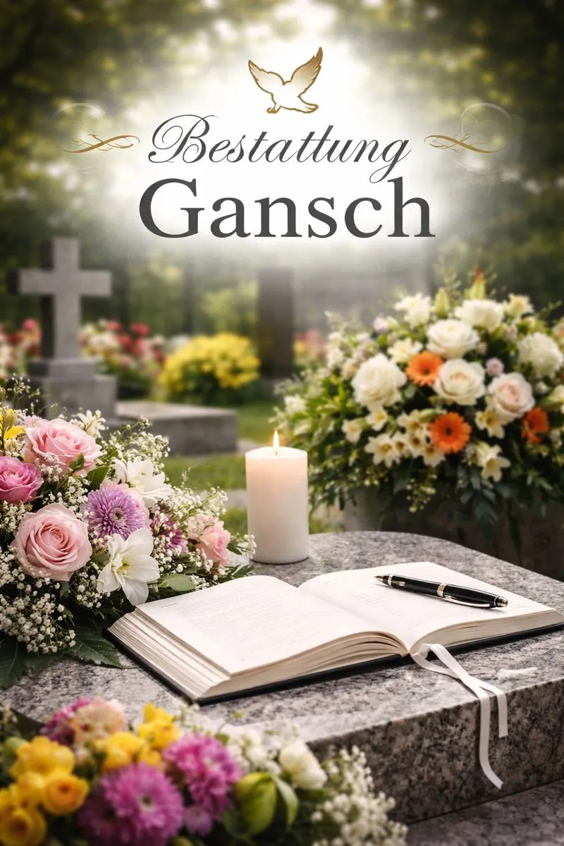 Friedhofsszene mit Kondolenzbuch, Kerze und Blumen bei einer würdevollen Bestattung von Bestattung Gansch