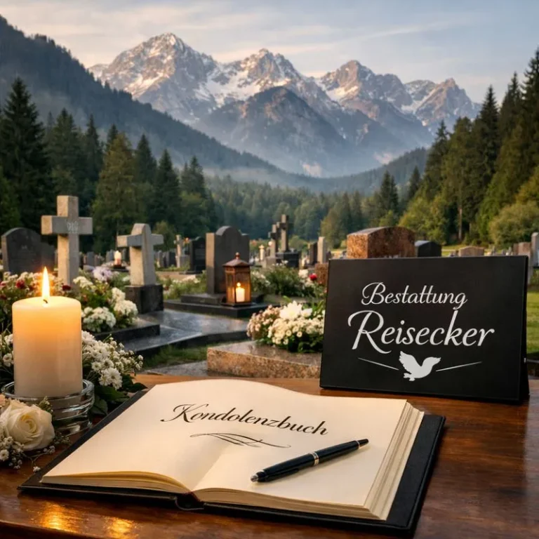 Bestattung Reisecker : Ihr würdevoller Begleiter in Oberösterreich 1 Bestattung Reisecker : würdevoller Friedhof mit Kondolenzbuch, Kerze sowie Berg- und Waldkulisse im Hintergrund