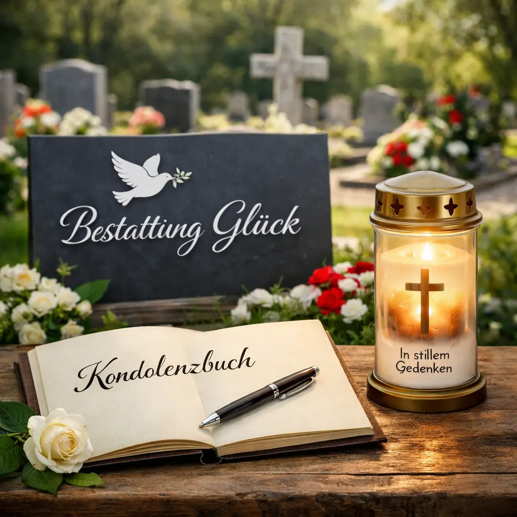 Grabstätte mit Kondolenzbuch, brennender Gedenkkerze und Blumen bei Bestattung Glück