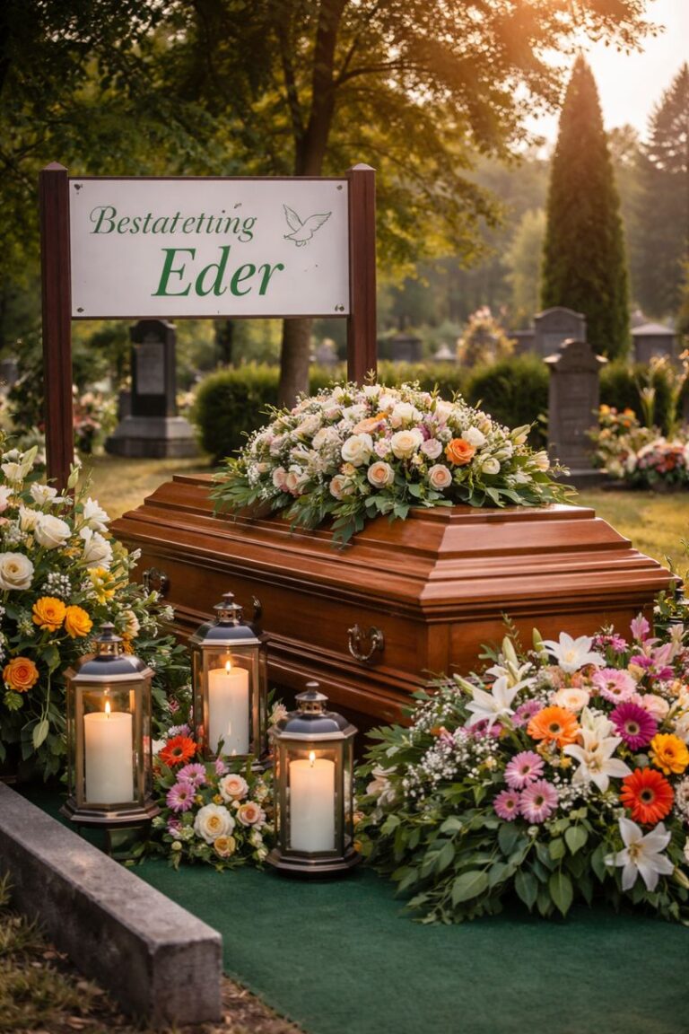 Würdevolle Bestattung von Bestattung Eder in Munderfing mit Sarg, Kerzen und farbenfrohem Blumenschmuck auf dem Friedhof