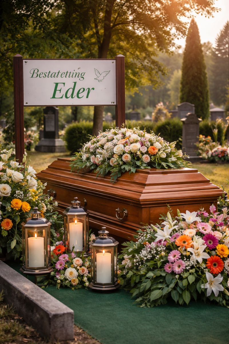 Würdevolle Bestattung von Bestattung Eder in Munderfing mit Sarg, Kerzen und farbenfrohem Blumenschmuck auf dem Friedhof