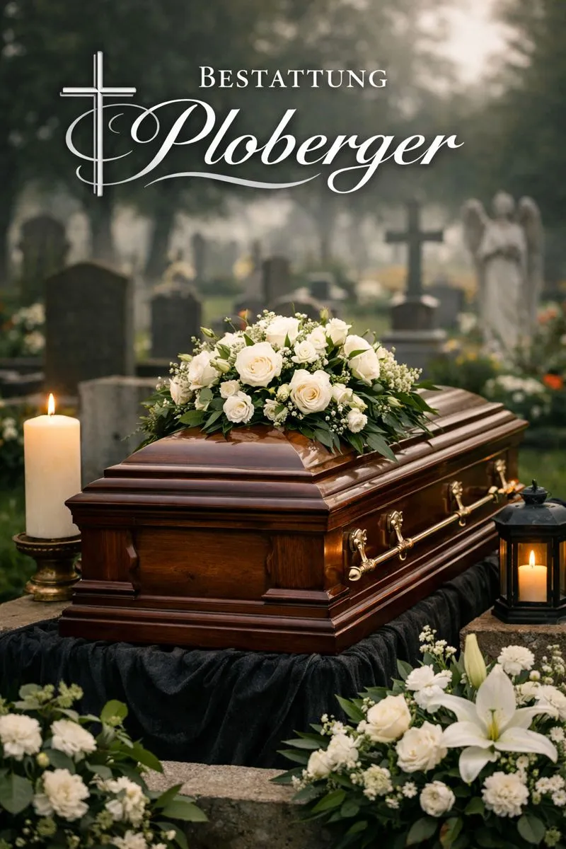 Würdevolle Bestattung bei Bestattung Ploberger mit Sarg, Kerze und Blumen auf einem Friedhof