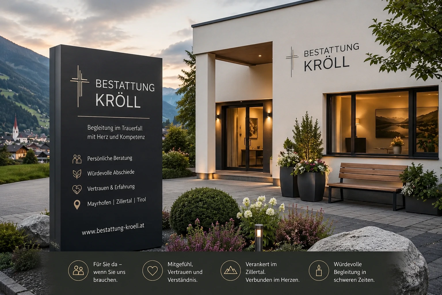 Bestattung Kröll in Mayrhofen mit modernem Bestattungsinstitut im Zillertal