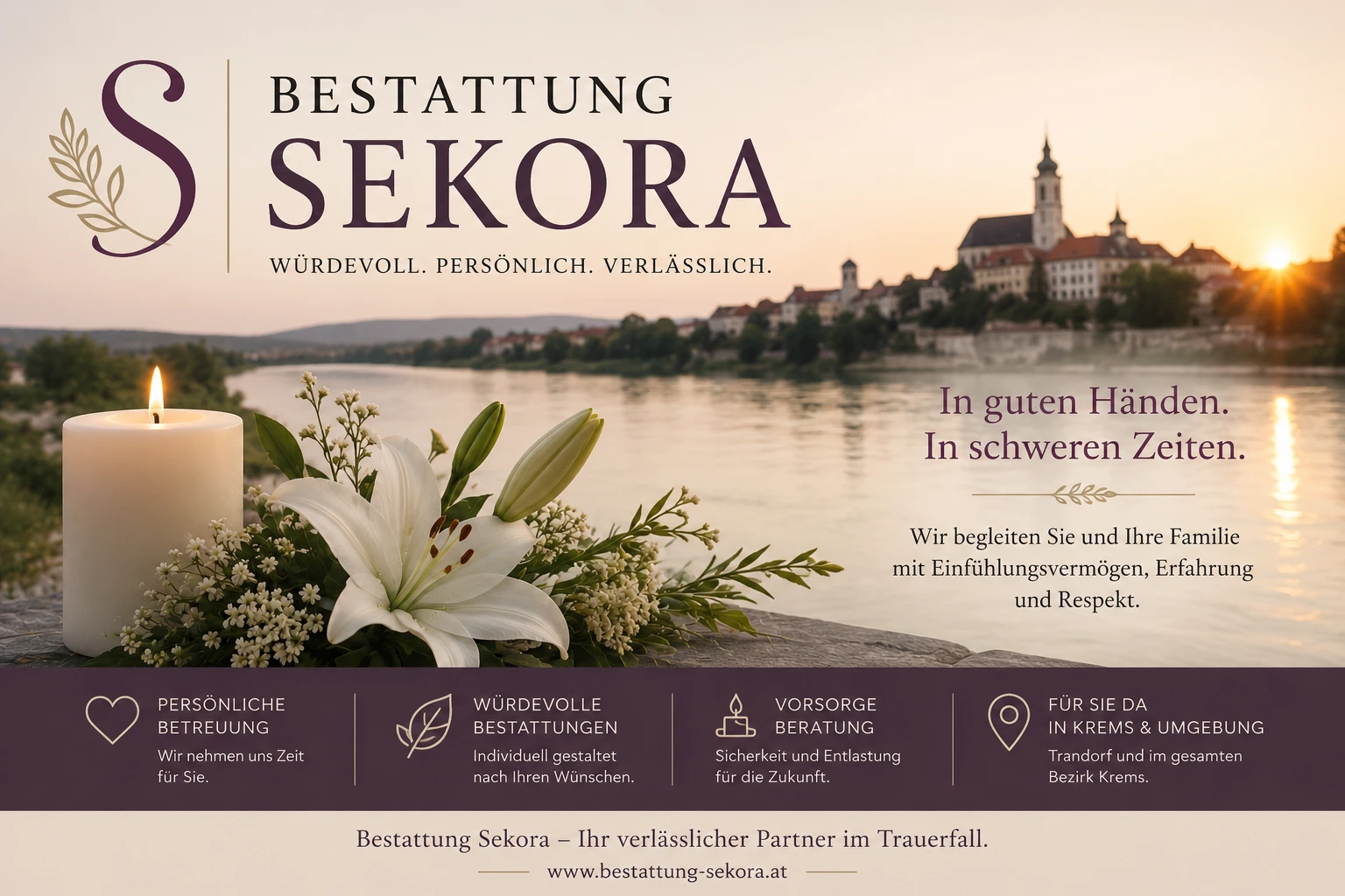 Bestattung Sekora mit Kerze, weißen Lilien und Flusskulisse in Krems