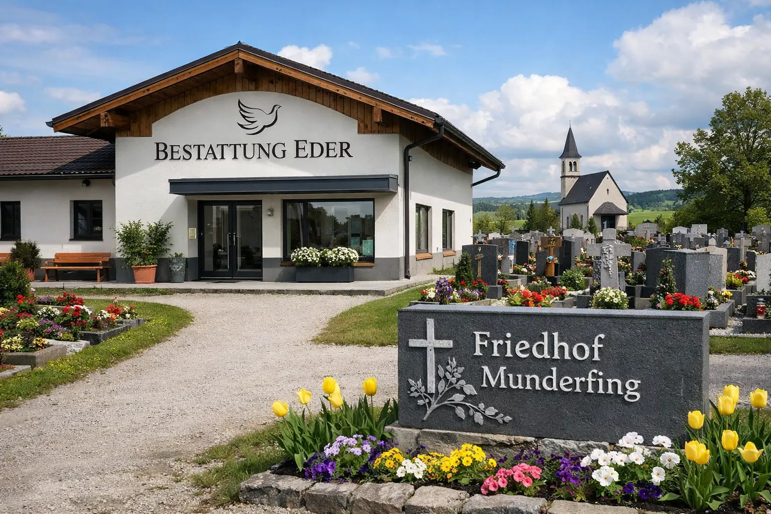Bestattung Eder in Munderfing - Bestattungsinstitut neben gepflegtem Friedhof mit Grabsteinen, Blumen und Kirche
