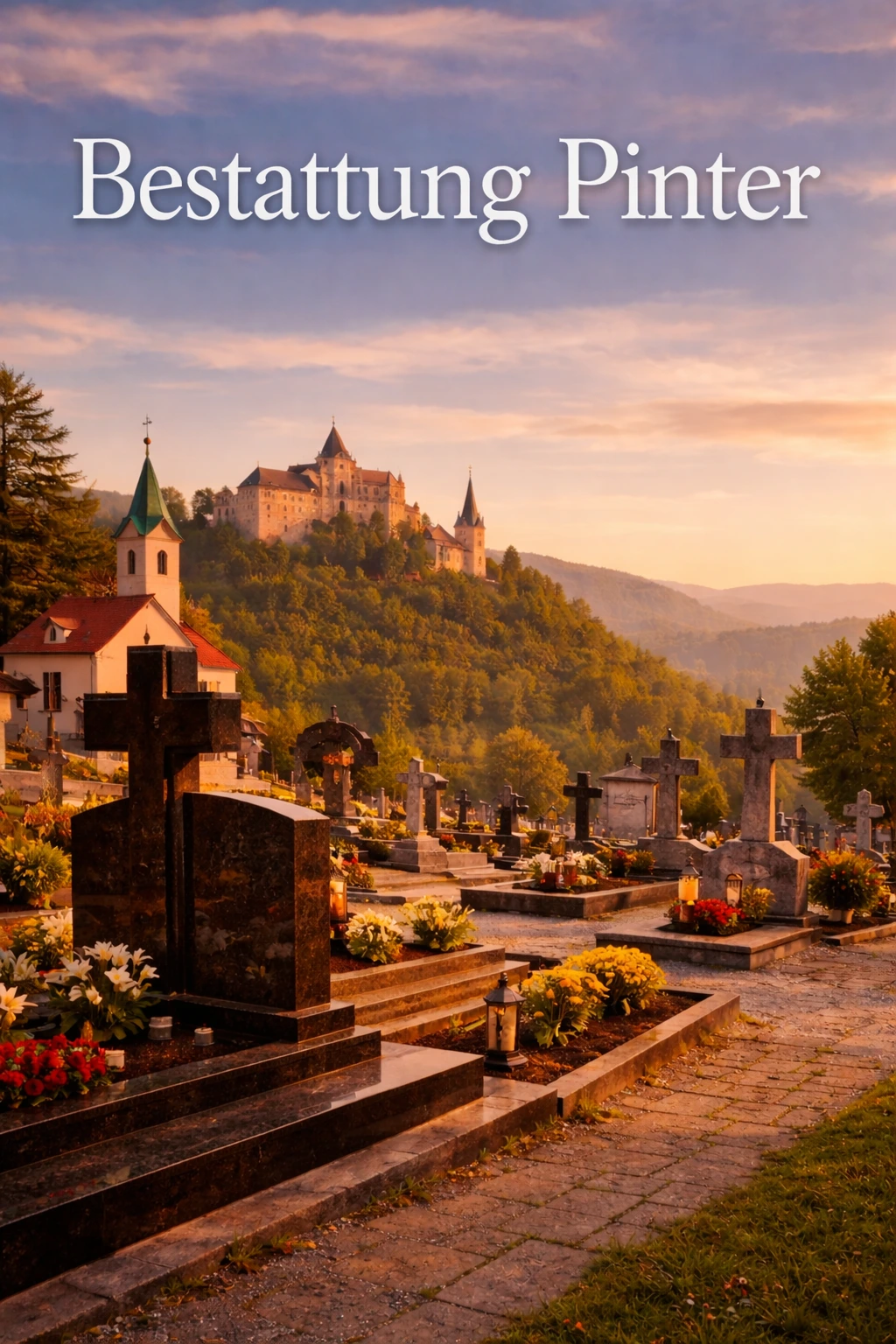 Bestattung Pinter in Deutschlandsberg - Friedhof mit Grabsteinen, Blumen und Blick auf Schloss Deutschlandsberg