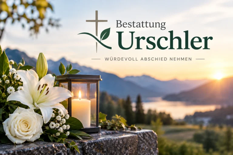 Bestattung Urschler mit Trauerblumen, Kerze und Berglandschaft