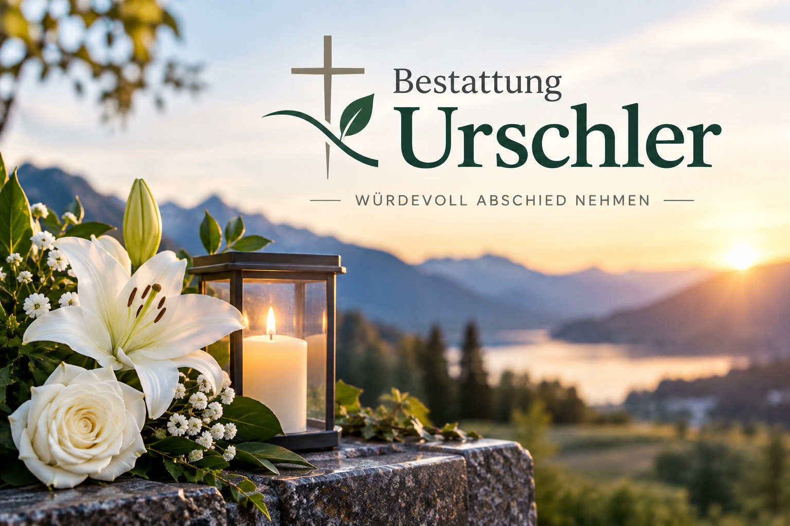 Bestattung Urschler mit Trauerblumen, Kerze und Berglandschaft