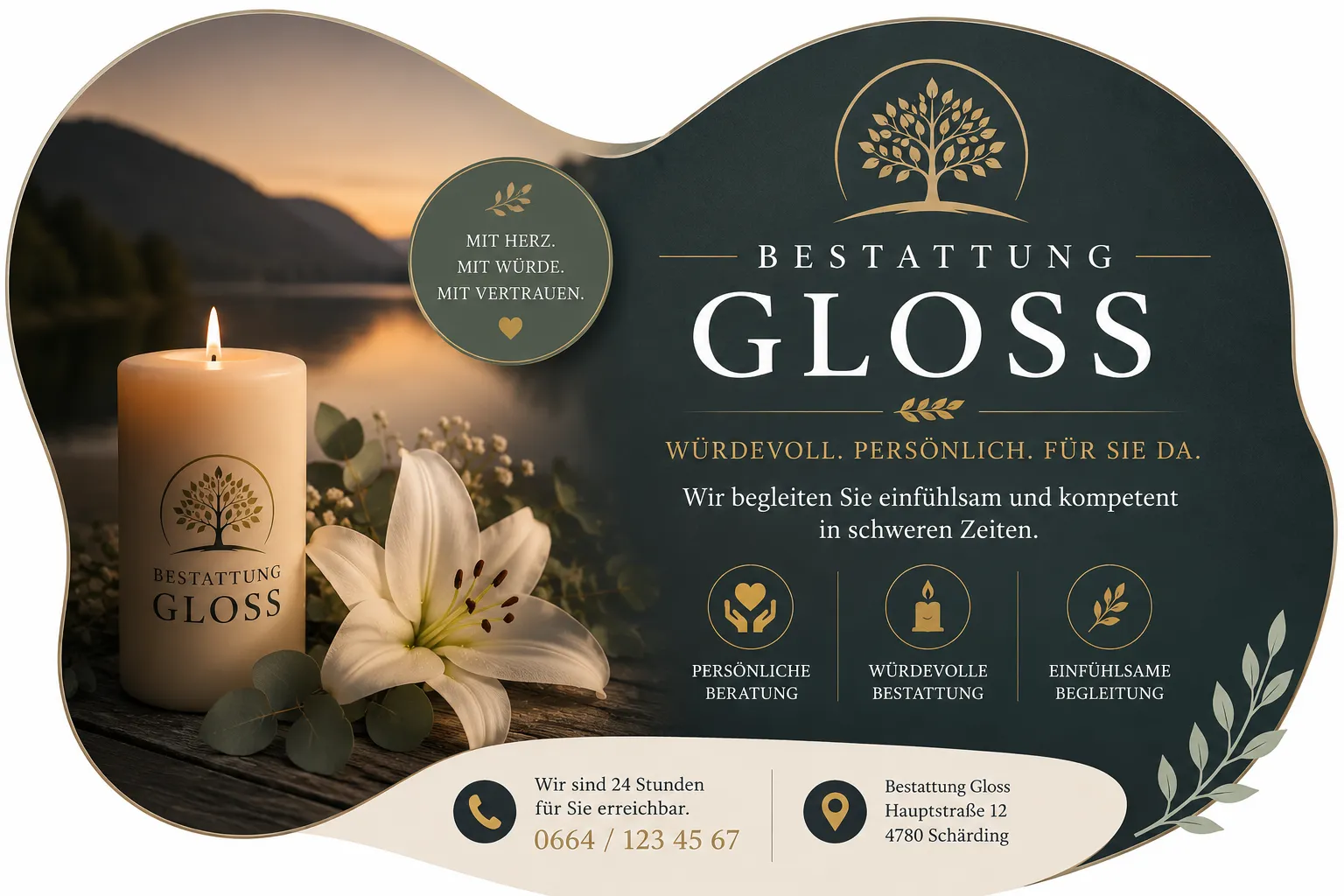 Bestattung Gloss mit Kerze, weißer Lilie und Abendlandschaft