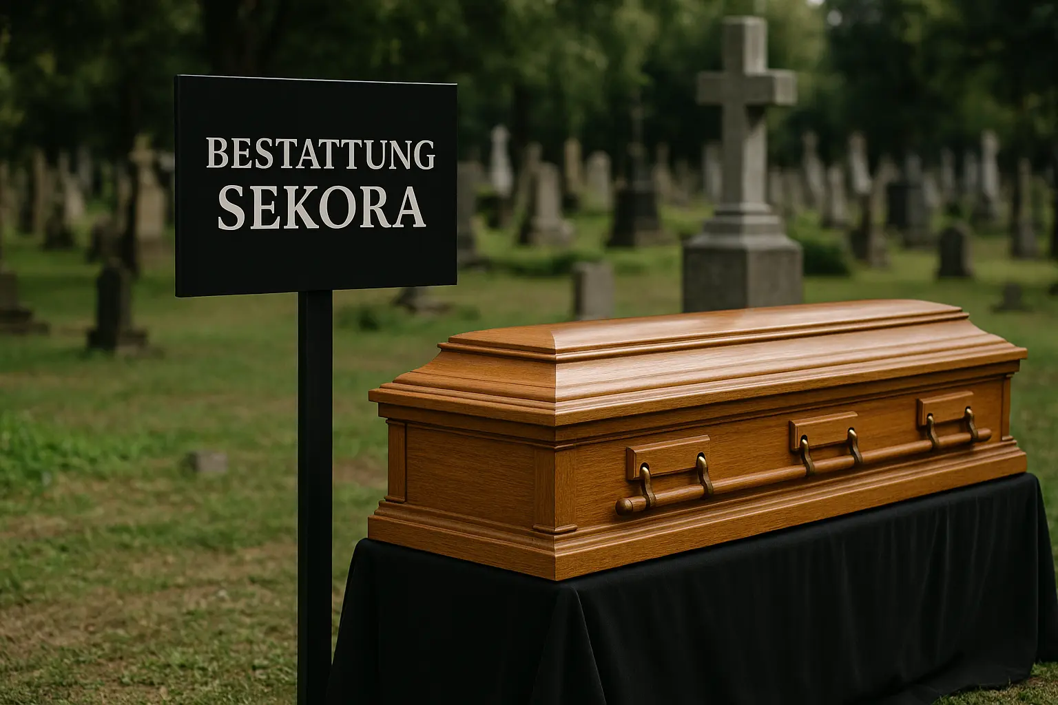 Holzsarg bei Bestattung Sekora auf einem österreichischen Friedhof mit Grabsteinen und Kreuz im Hintergrund
