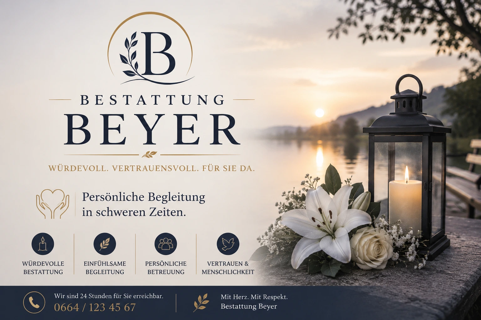 Bestattung Beyer mit Trauerlaterne und weißen Blumen