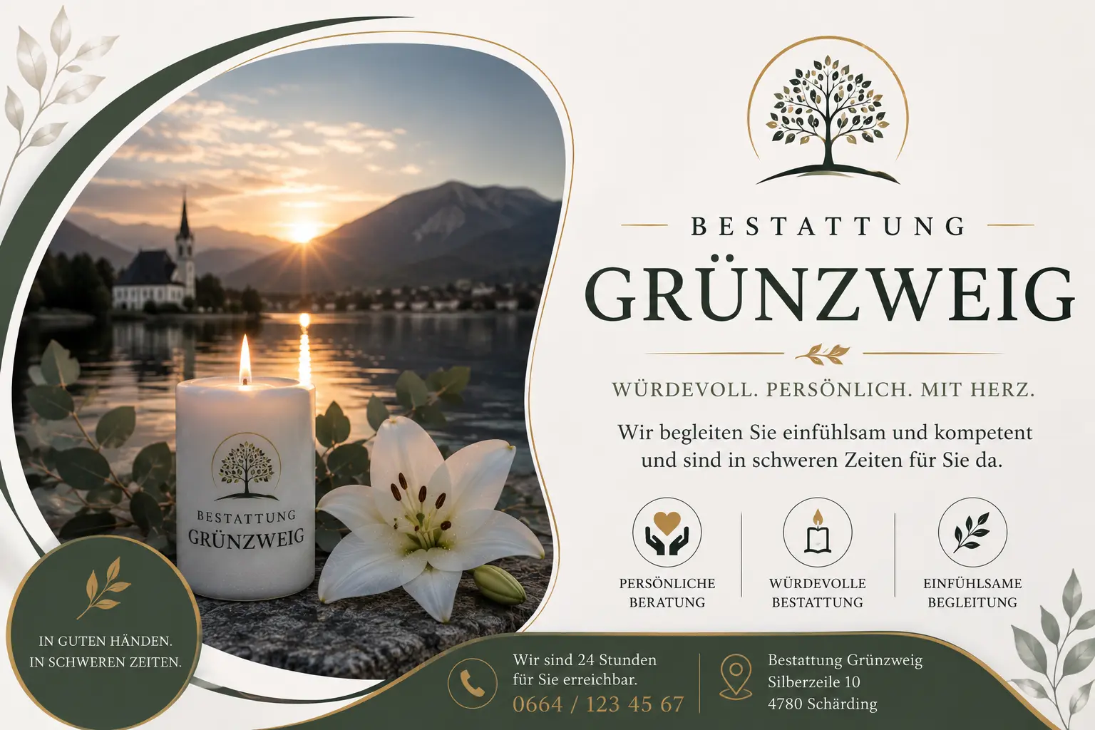 Bestattung Grünzweig mit Kerze und weißer Lilie
