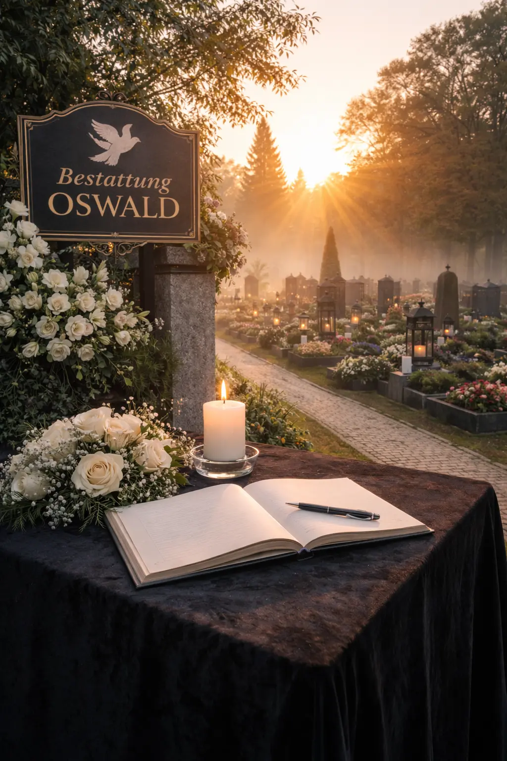 Bestattung Oswald : Friedhof bei Sonnenaufgang mit Kondolenzbuch und Kerze