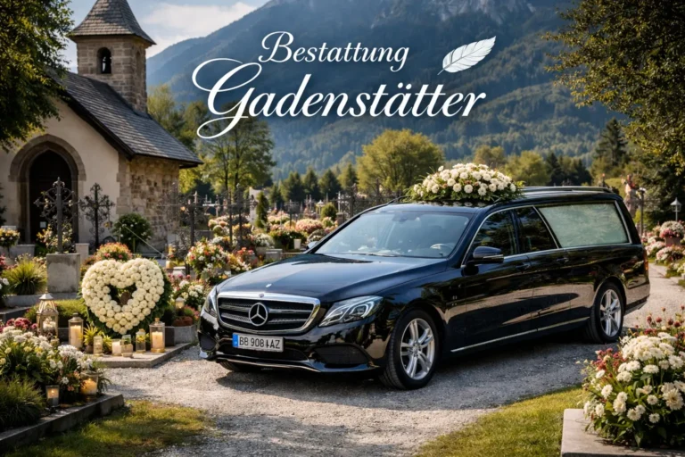 Bestattung Gadenstätter mit schwarzem Bestattungswagen und Blumen am Friedhof