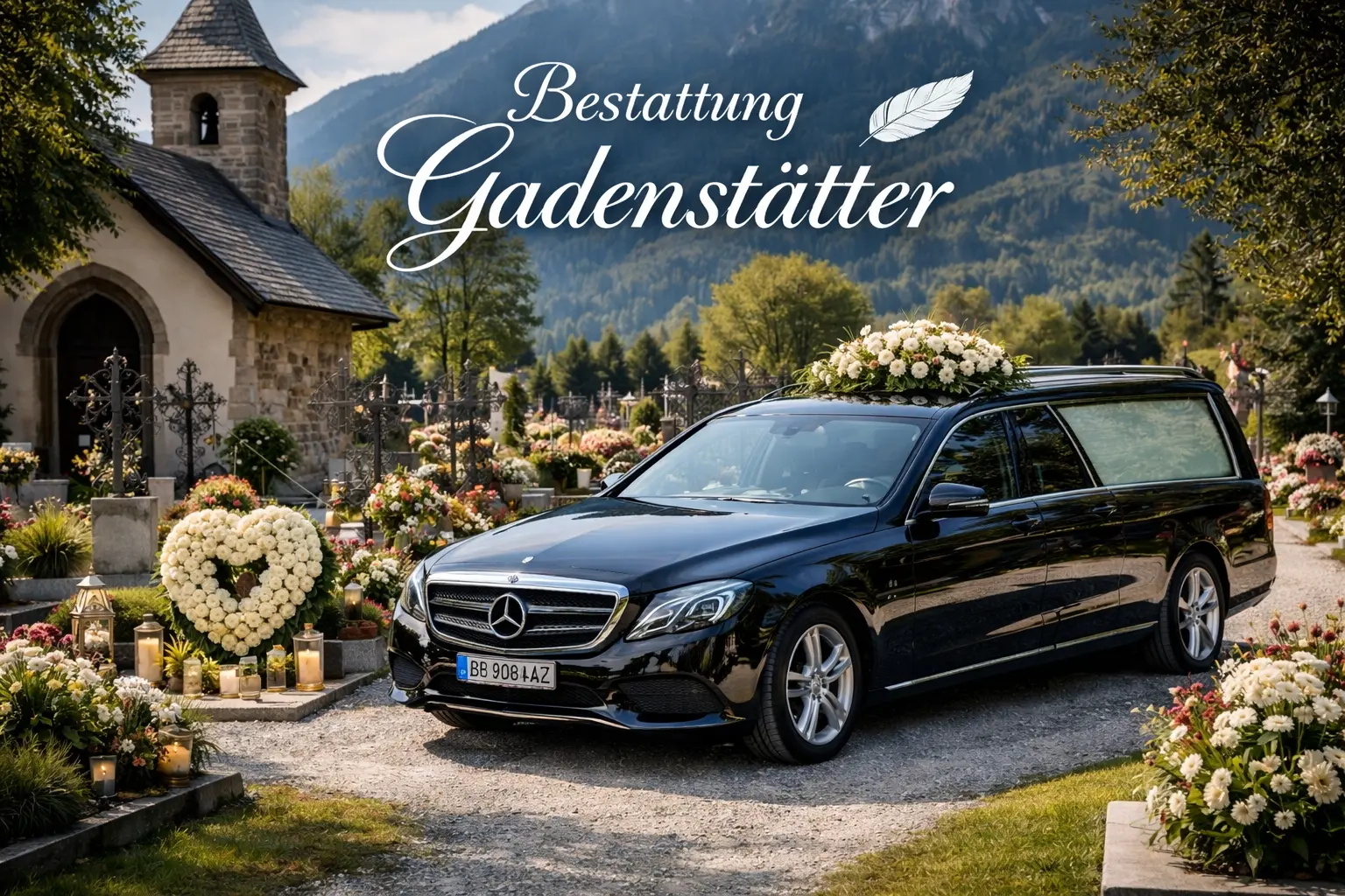 Bestattung Gadenstätter mit schwarzem Bestattungswagen und Blumen am Friedhof