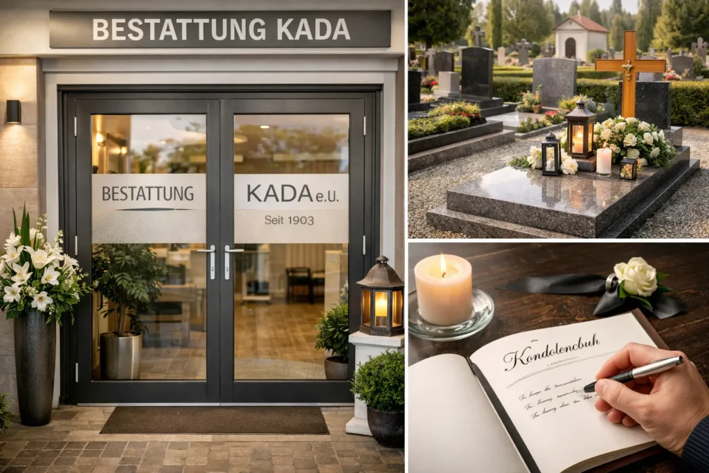 Bestattung Kada Leibnitz – Büroeingang, Grabstätte und Kondolenzbuch mit Kerze