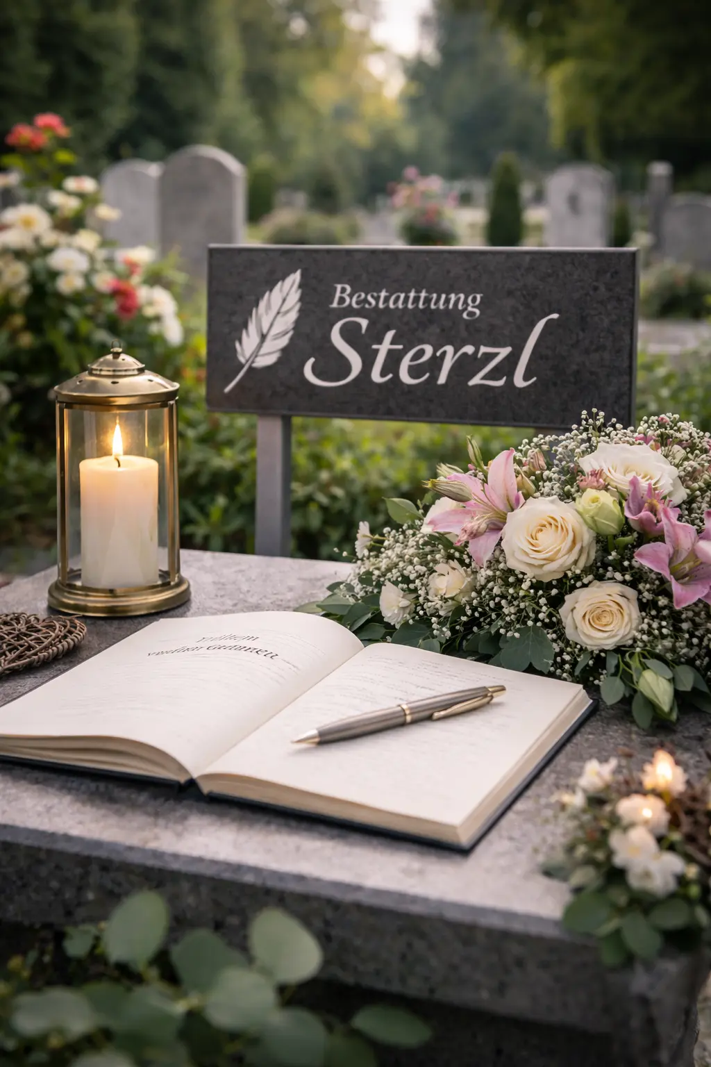 Bestattung Sterzl : Kondolenzbuch, Kerze und Blumen auf einem Grabstein im Friedhof