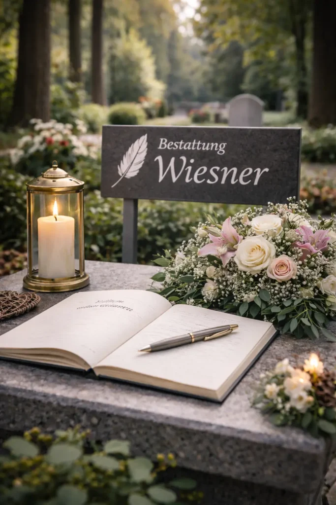 Bestattung Wiesner : Kondolenzbuch und Kerze auf einem Grabstein im Friedhof mit hohen Bäumen