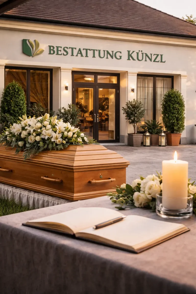Bestattung Künzl mit Sarg, weißen Blumen, Kerze und Kondolenzbuch