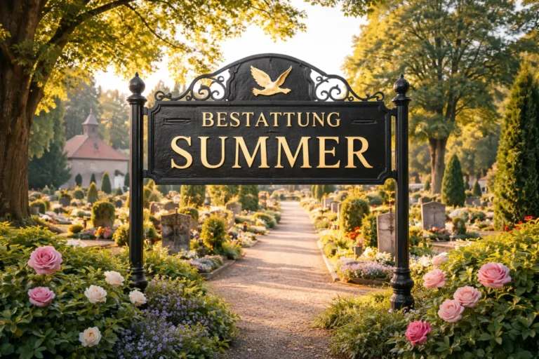 Bestattung Summer : Schild vor gepflegtem Friedhof im Abendlicht