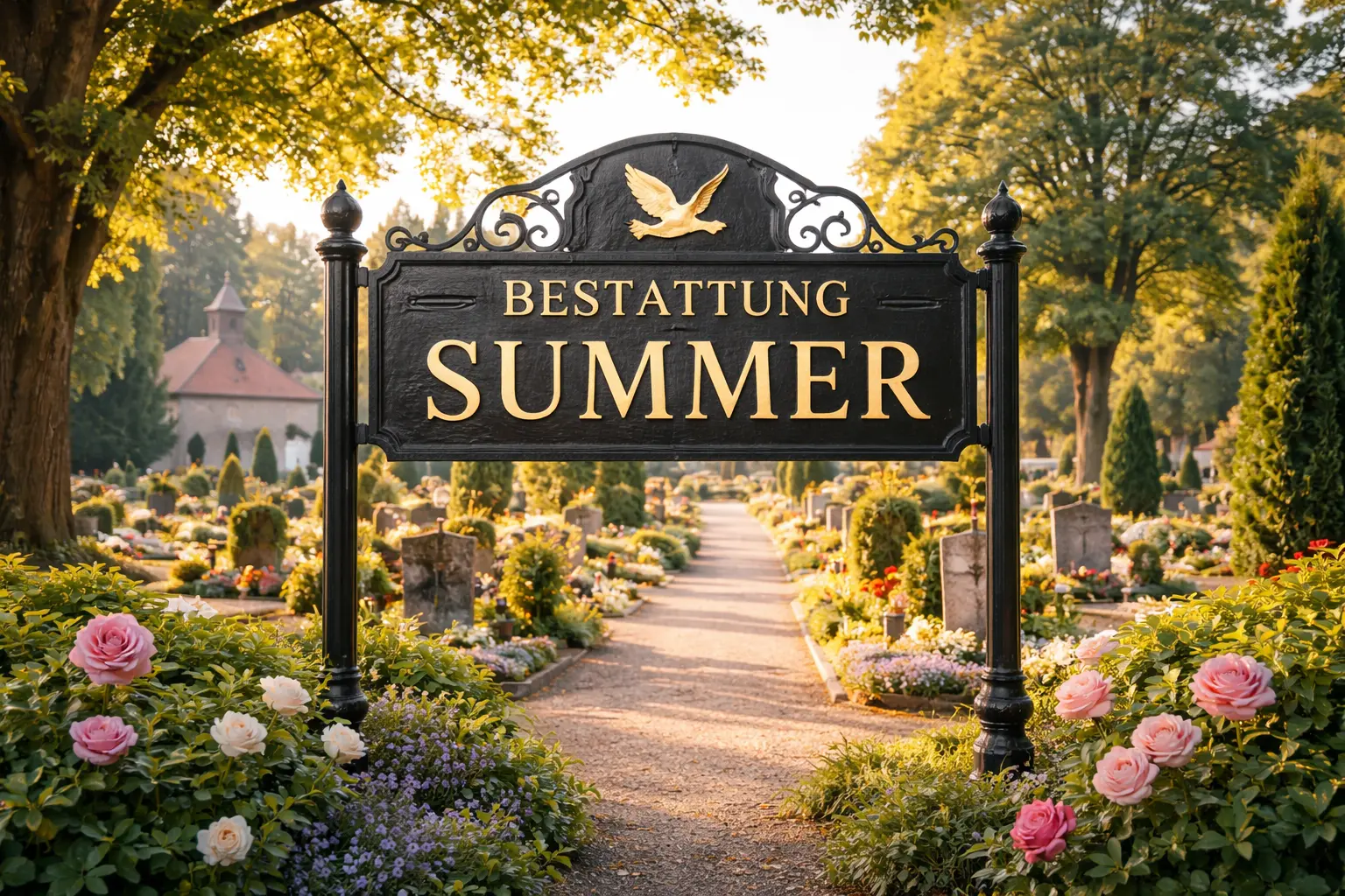 Bestattung Summer : Schild vor gepflegtem Friedhof im Abendlicht