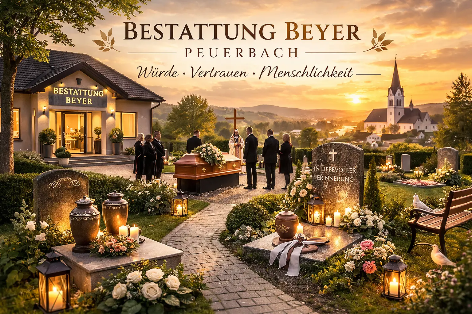 Bestattung Beyer in Peuerbach mit Friedhof und beleuchteten Grabstätten bei Sonnenuntergang