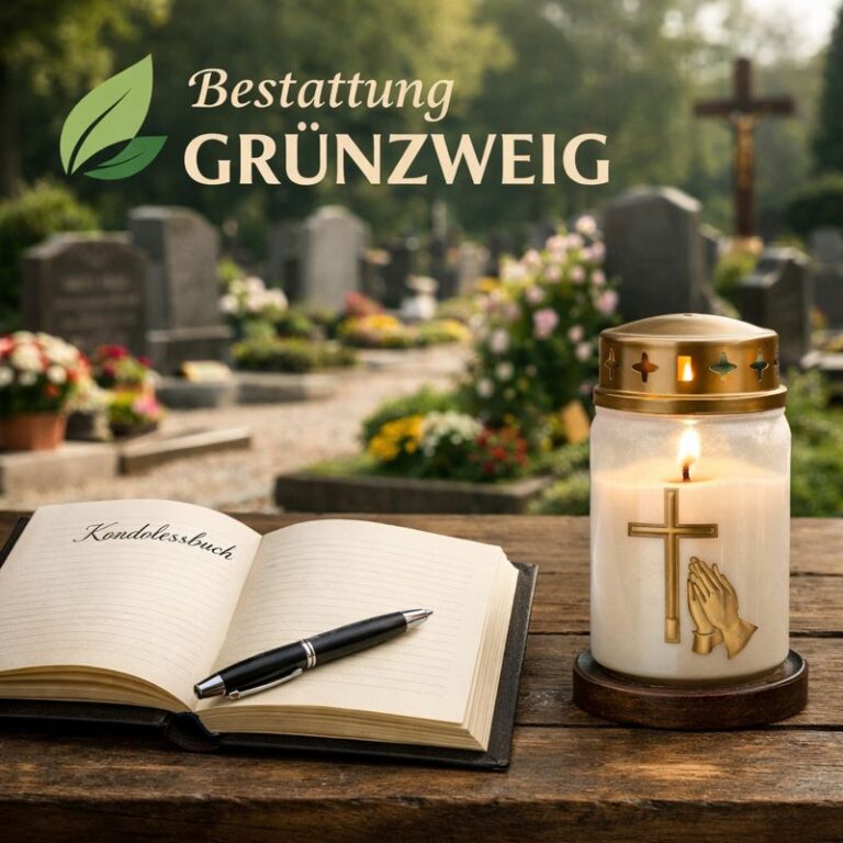 Würdige Friedhofsszene mit Kondolenzbuch und Gedenkkerze bei einer Bestattung von Bestattung Grünzweig