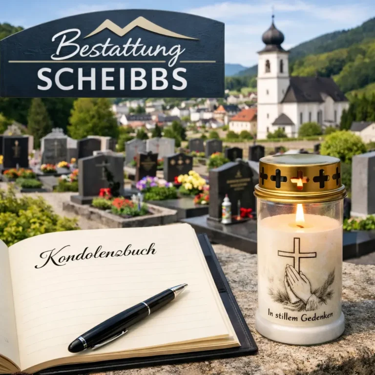 Ruhiger Friedhof in Scheibbs mit Grabsteinen, Kondolenzbuch und brennender Gedenkkerze : würdevolle Bestattung Scheibbs