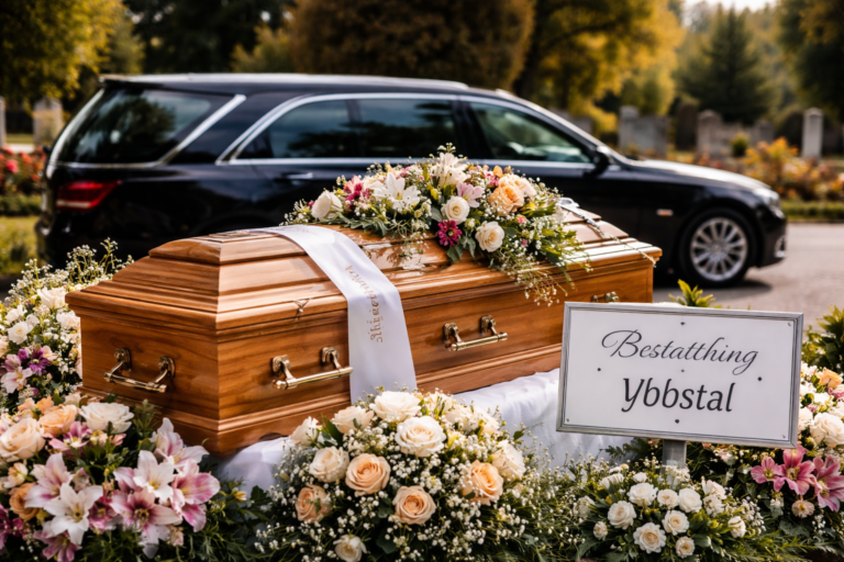 Sarg bei Bestattung Ybbstal mit Blumenarrangements und schwarzem Bestattungswagen in einem Friedhof