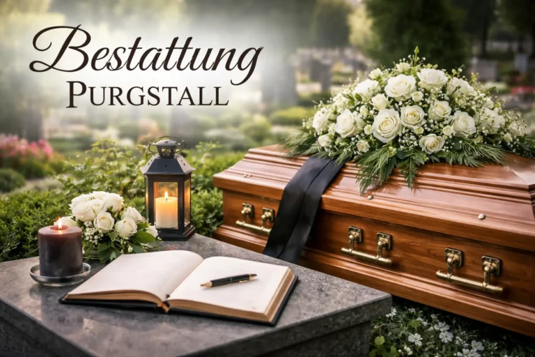 Würdevolle Bestattung Purgstall an der Erlauf mit Sarg, Kondolenzbuch und Kerze auf einem ruhigen Friedhof