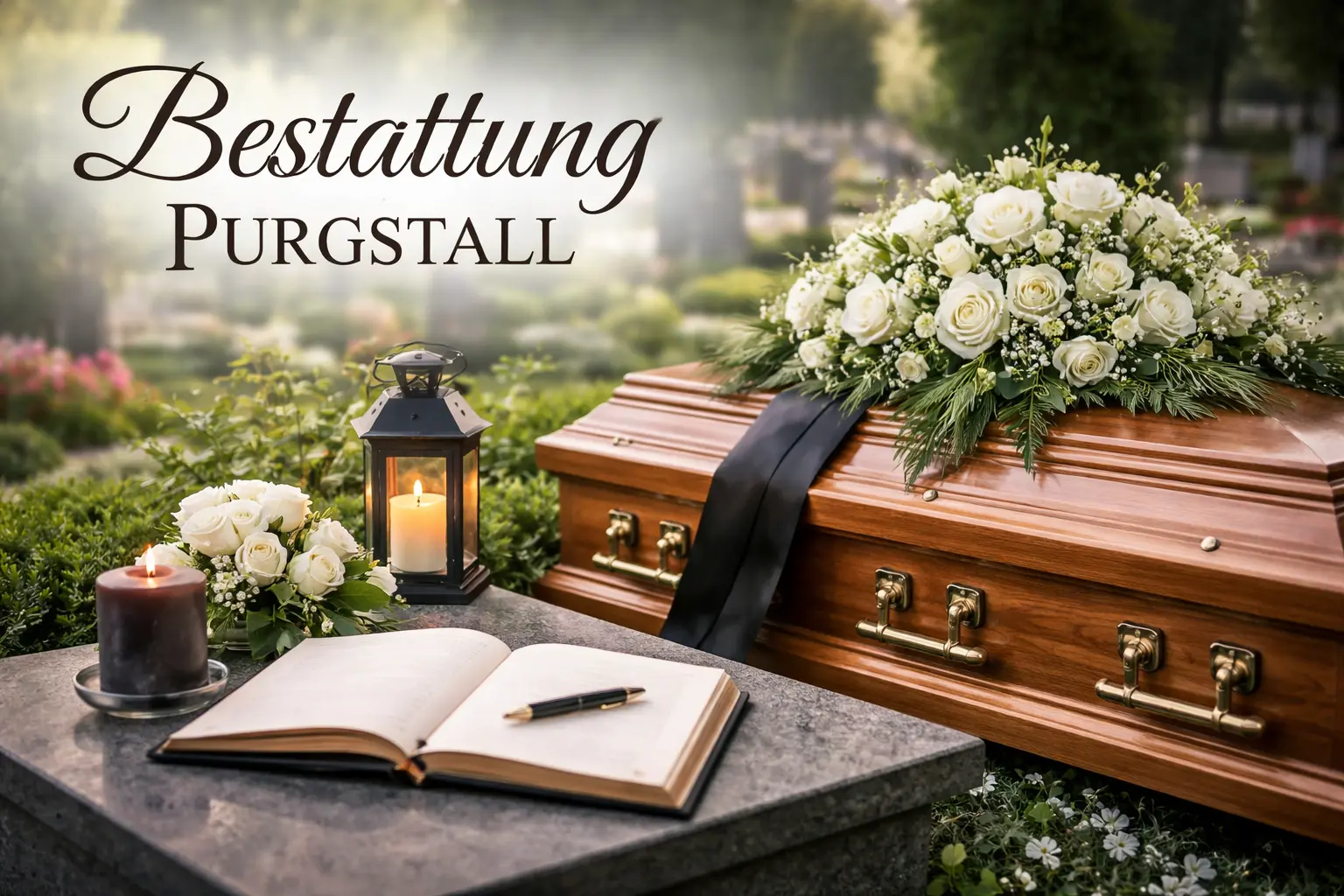 Würdevolle Bestattung Purgstall an der Erlauf mit Sarg, Kondolenzbuch und Kerze auf einem ruhigen Friedhof