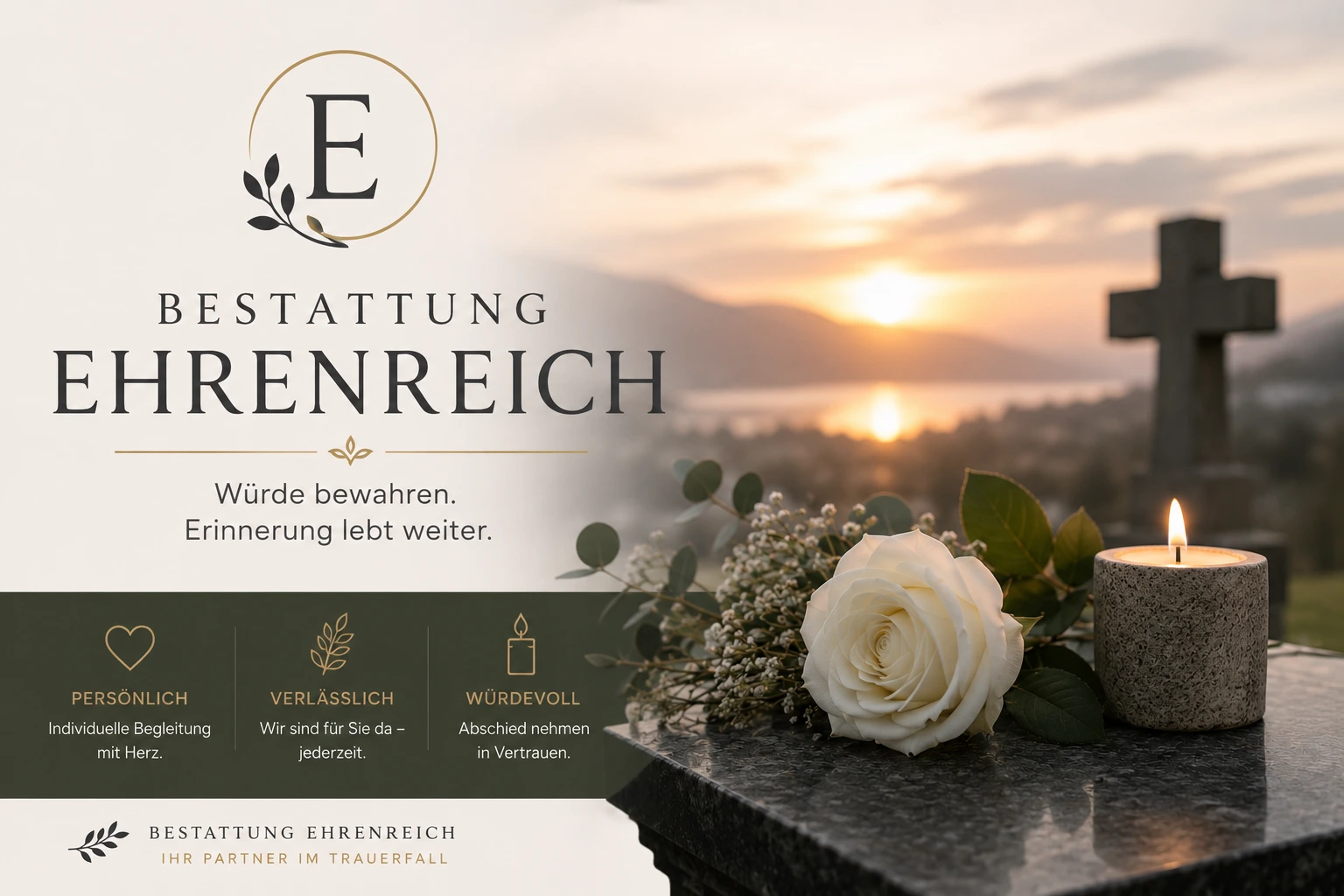Bestattung Ehrenreich mit Trauerkerze und weißer Rose