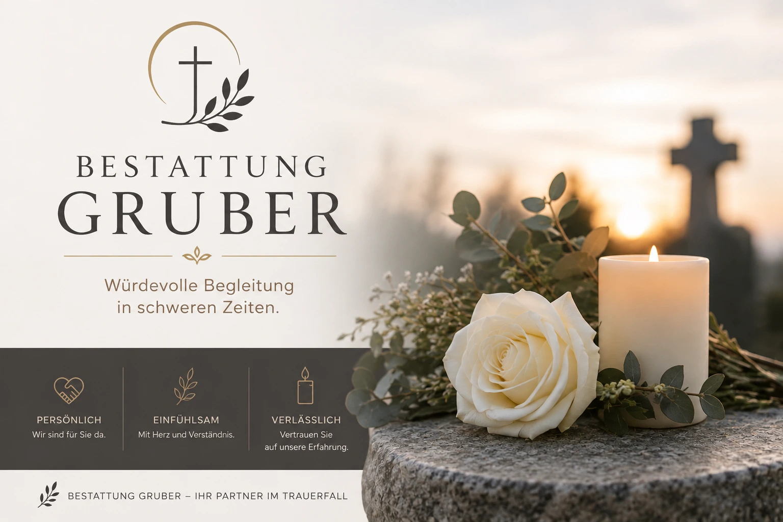 Bestattung Gruber mit Trauerkerze und weißer Rose