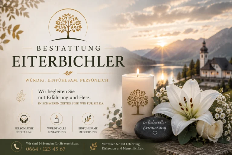 Bestattung Eiterbichler mit Trauerkerze und weißen Blumen in alpiner Landschaft