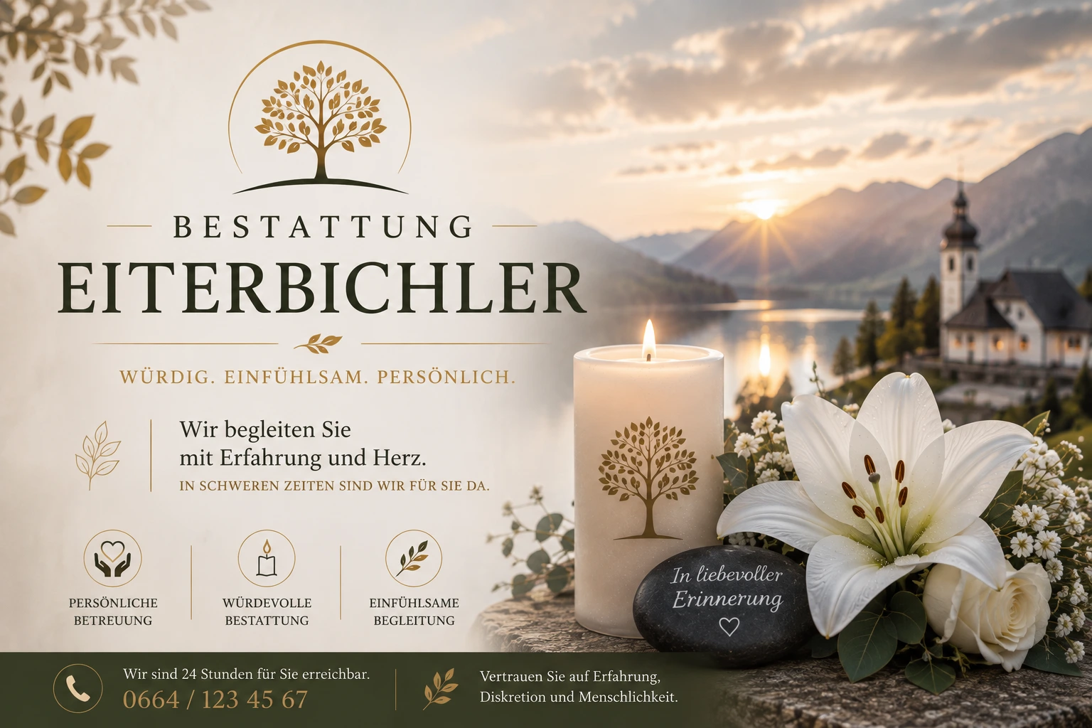 Bestattung Eiterbichler mit Trauerkerze und weißen Blumen in alpiner Landschaft
