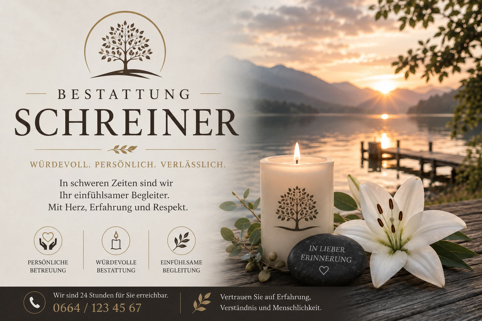 Bestattung Schreiner mit Trauerkerze und weißer Lilie