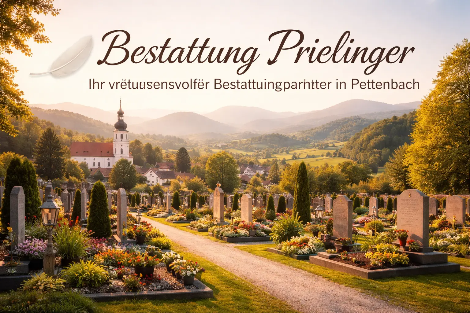 Bestattung Prielinger in Pettenbach : Friedhof mit Grabsteinen, Blumen und Kirche in Oberösterreich