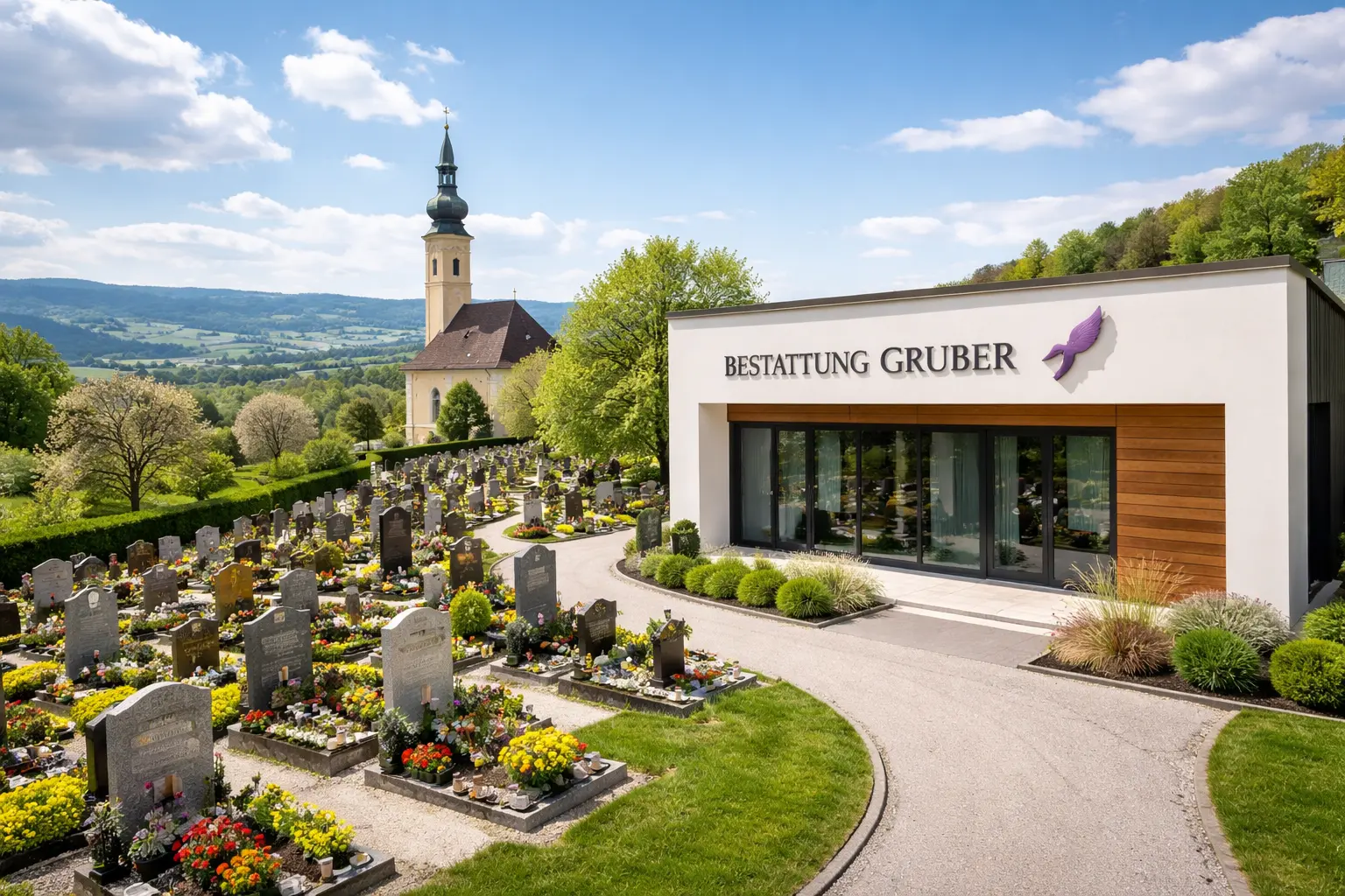 Bestattung Gruber in Scharten - modernes Bestattungsinstitut neben Friedhof mit Grabsteinen und Kirche