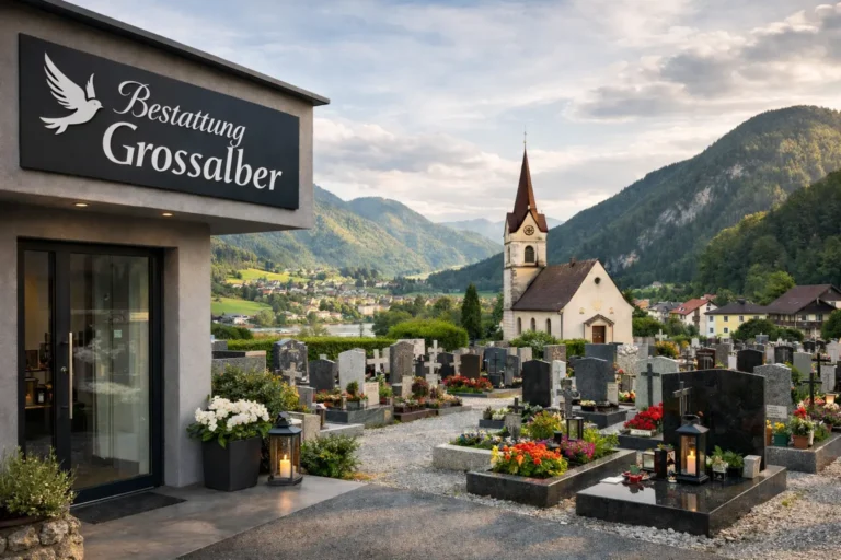 Bestattung Grossalber in Großraming mit Friedhof, Grabsteinen und Kirche in alpiner Landschaft